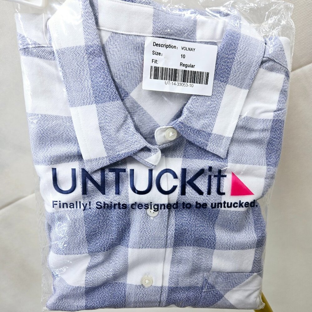 NWT UNTUCKit VOLNAY BLUE WHITE BUFFALO CHECK 60% COTTON 40% TENCEL SHIRT - Picture 5 of 8